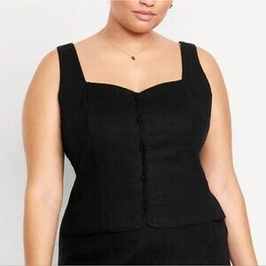 Old Navy Black Linen Cotton Button Front Tank Blouse Top Size Xxl